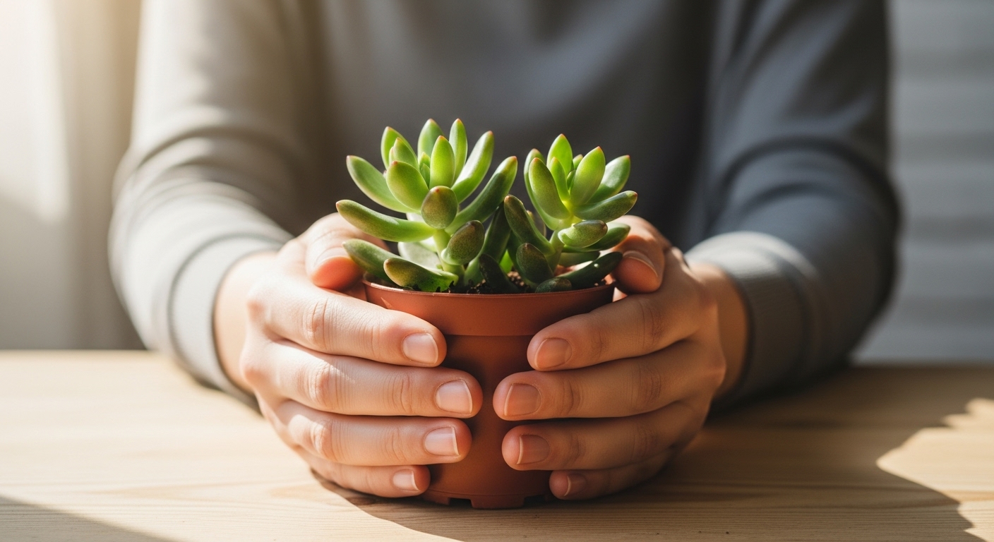 미니멀한 공간에서 손으로 작은 화분을 소중히 잡고 있는 모습, 소박한 행복을 상징합니다.