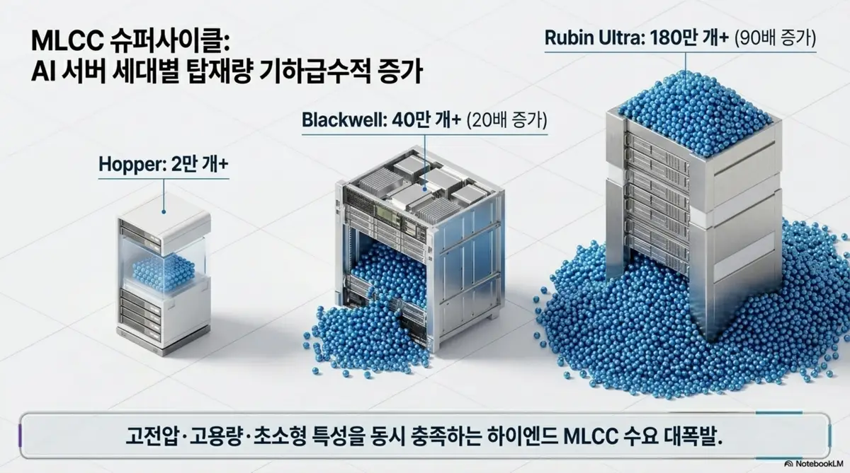 삼성전기 주가 전망: 삼성전기 MLCC 슈퍼사이클을 설명하는 인포그래픽. AI 서버 세대별 MLCC 탑재량이 호퍼 2만 개에서 블랙웰 40만 개 루빈 울트라 180만 개로 기하급수적으로 증가하는 모습을 파란 구슬로 시각화하며 블로그의 삼성전기 MLCC 수급 구조 분석과 관련된 내용을 설명한다 