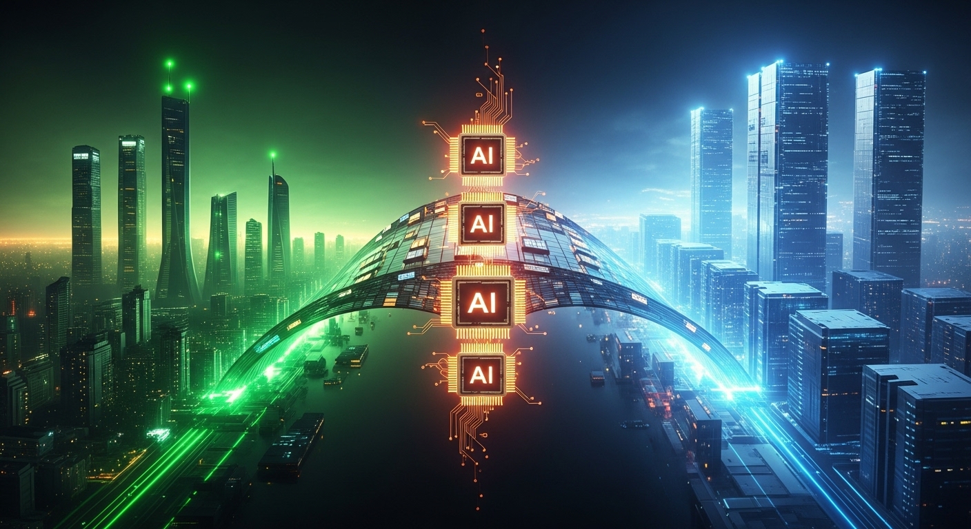 중국과 서방의 AI 기술 경쟁을 상징하는 이미지. AI 칩을 중심으로 한 양측의 치열한 기술 패권 경쟁을 시각적으로 표현.