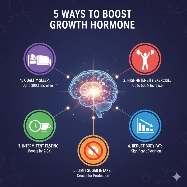 성장호르몬을 높이는 5가지 방법을 보여주는 인포그래픽. 중앙에 뇌하수체에서 분비되는 성장호르몬 분자 구조가 있고, 주변에 5개의 원형 아이콘이 배치: 1) 수면 중인 사람(보라색), 2) 운동하는 사람(빨간색), 3) 시계와 접시로 간헐적 단식 표현(초록색), 4) 체지방 감소 그래프(파란색), 5) 설탕 금지 표시(주황색). 각 방법별 효과를 숫자로 표시(예: 500% 증가). 현대적이고 깔끔한 의료 인포그래픽 스타일, 그라데이션 블루-퍼플 톤