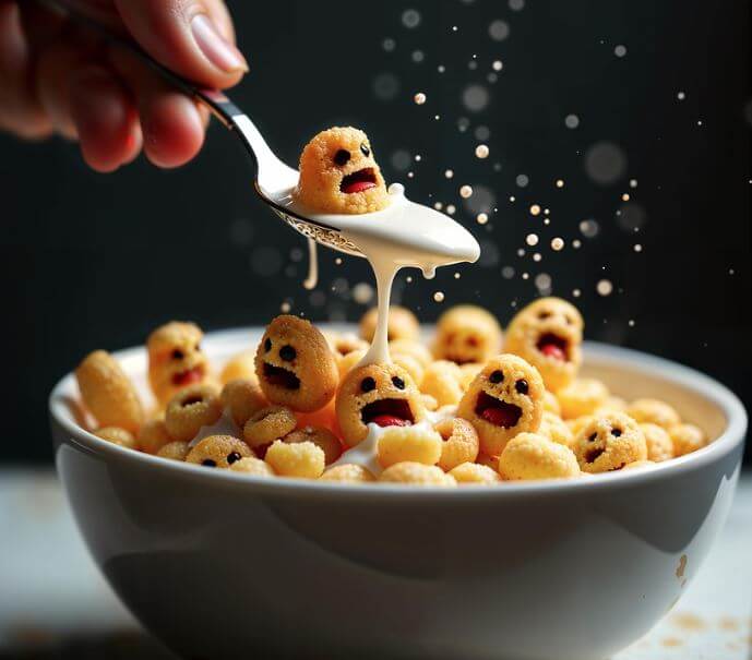 시리얼 한개를 숟가락으로 퍼는 모습