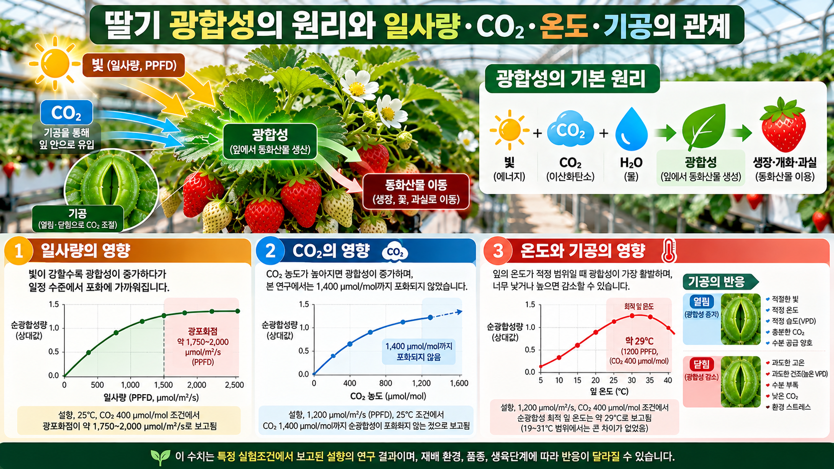 딸기 광합성의 원리와 일사량&middot;CO₂&middot;온도&middot;기공의 관계