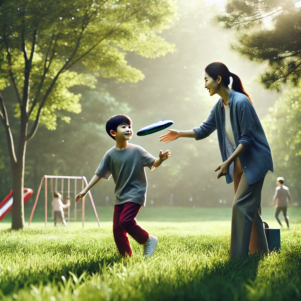 가족이 공원에서 아이가 새로운 스포츠&amp;#44; 예를 들어 프리스비 던지기를 시도하는 모습을 부모가 격려하는 장면. 초록 잔디와 자연광이 돋보임