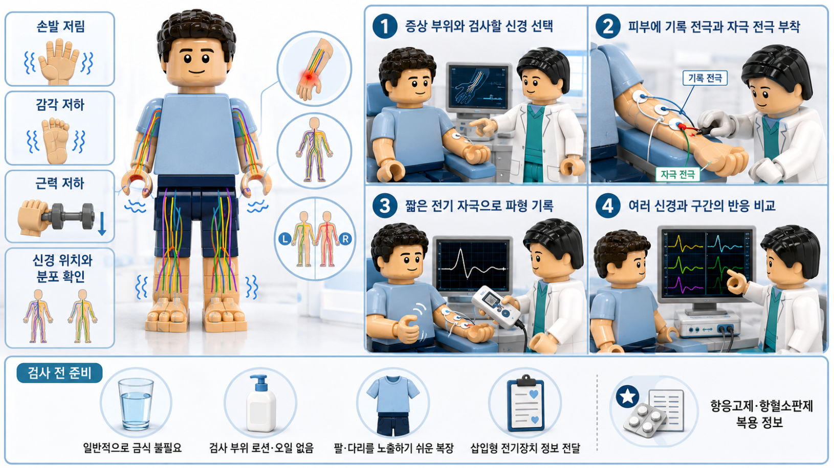 손발 저림에서 신경전도검사를 시행하는 상황과 검사 진행 과정을 안내하는 의료 절차 인포그래픽