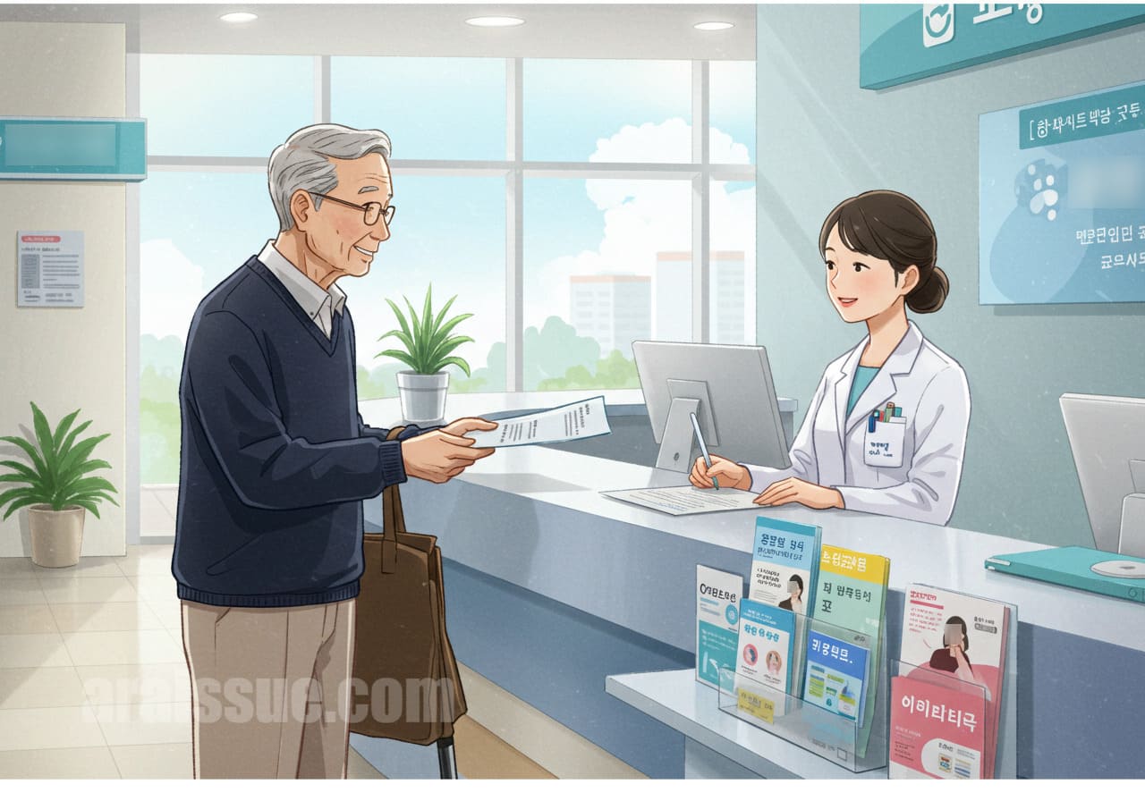 한국의 고령자가 병원 창구에서 진단서와 처방전을 포함한 실손보험 청구 서류를 접수하고 있습니다. 준비된 서류의 중요성을 강조한 장면입니다.