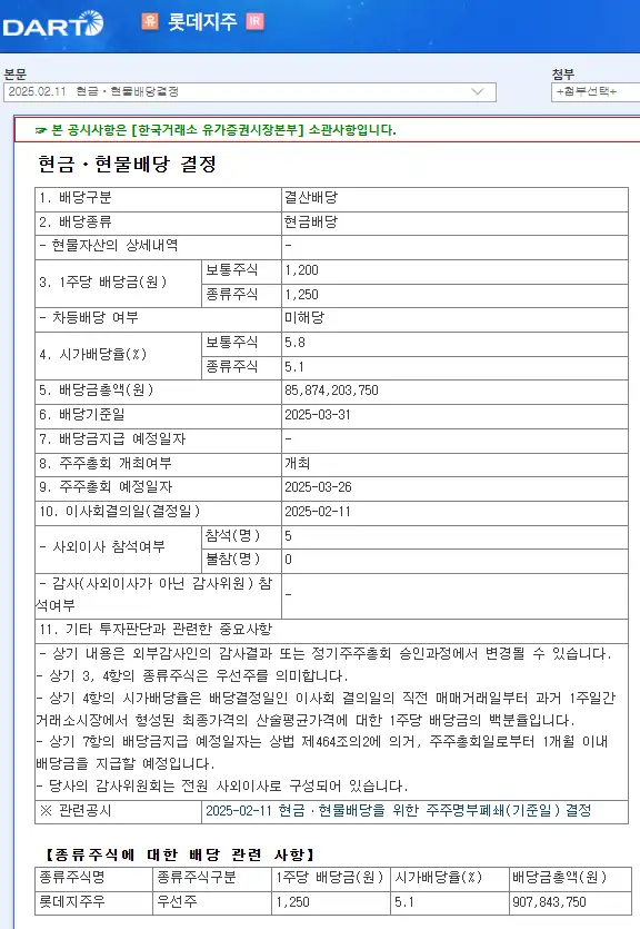 롯데지주(004990) 2025년 배당