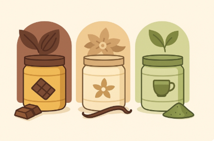 초코, 바닐라, 녹차맛 단백질 보충제를 비교하는 일러스트