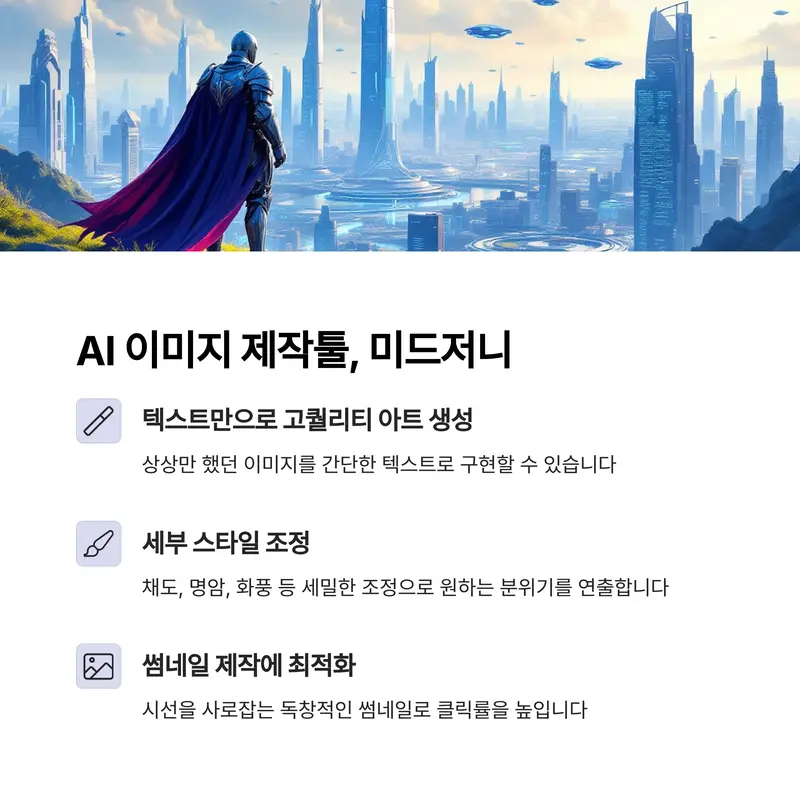 AI 이미지 생성 툴 미드저니의 텍스트 기반 아트 생성, 스타일 조정, 썸네일 제작 활용법 안내