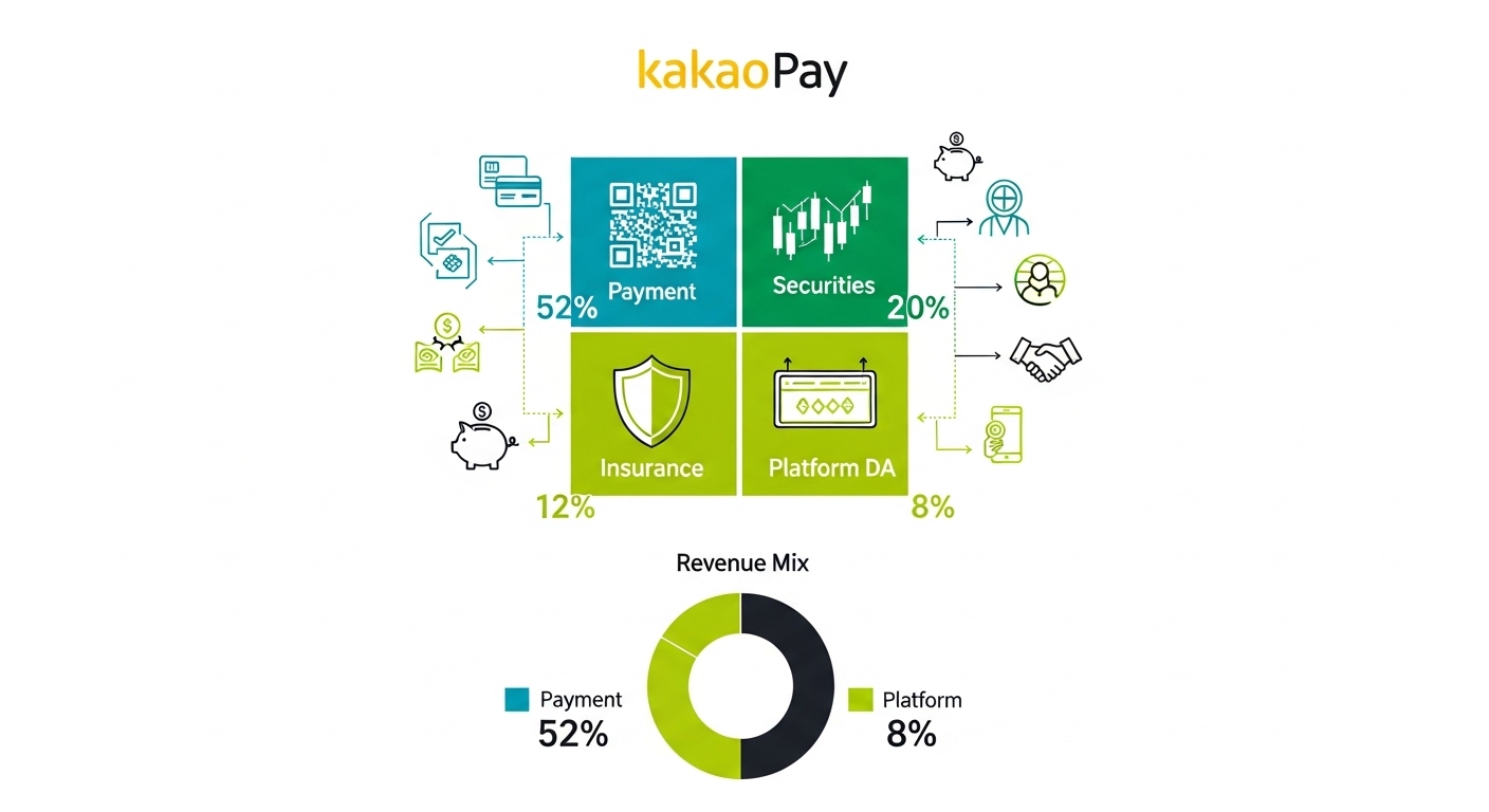 KakaoPay business ecosystem infographic. Center Kakao yellow logo. Four quadrants teal payment QR barcode 52%, emerald securities stock chart 20%, green insurance shield 12%, lime platform DA ad 8%. Small icons connected by arrows. Revenue mix donut chart. White clean background. English labels only.