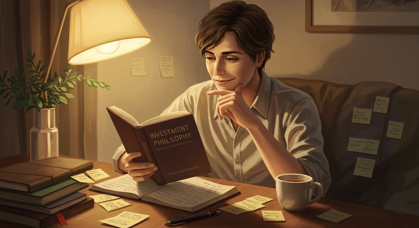 따뜻한 조명 아래 투자 서적을 읽는 사람