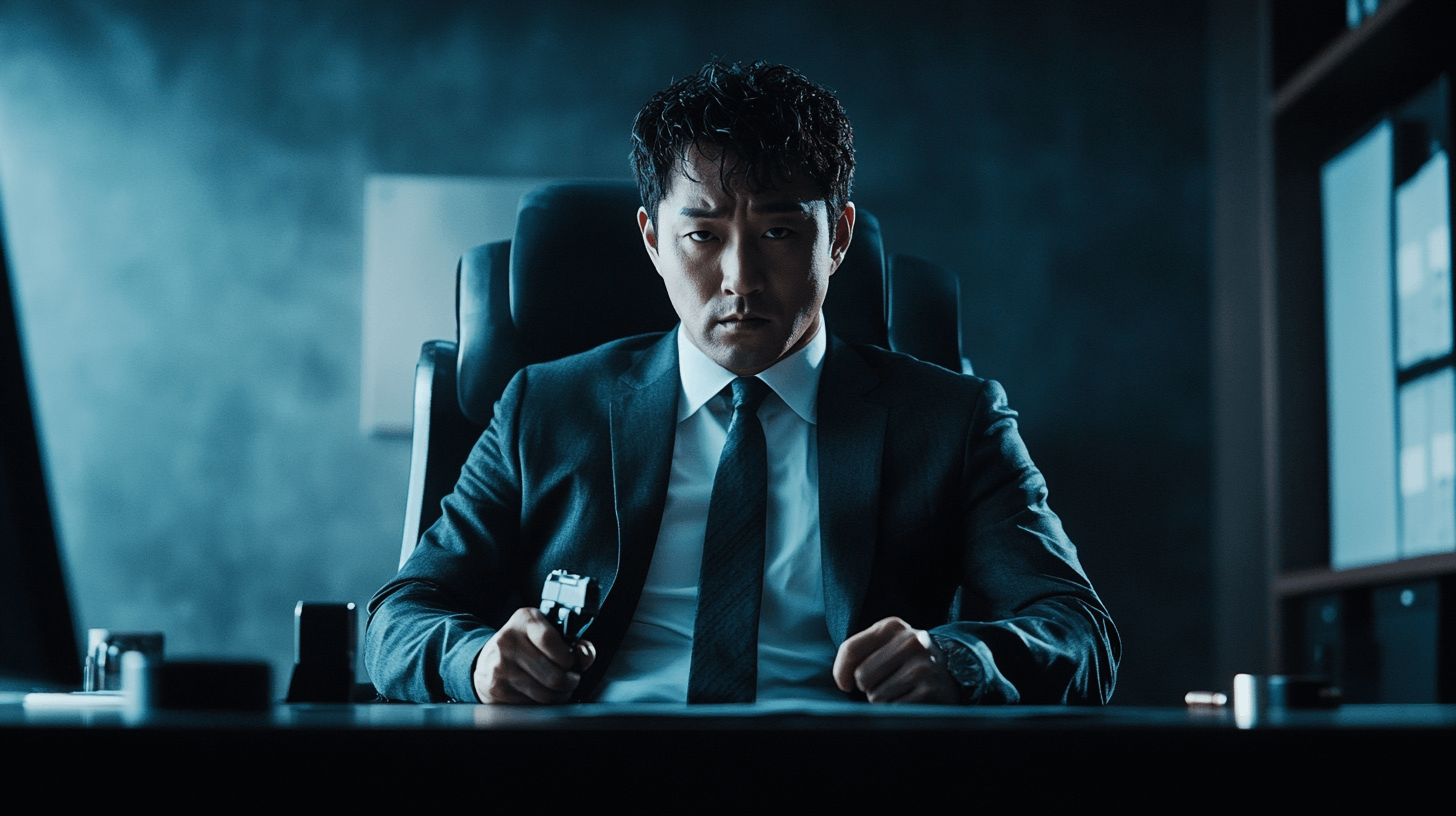 권총을-들고-책상-앞에-앉아-있는-회사원-이미지