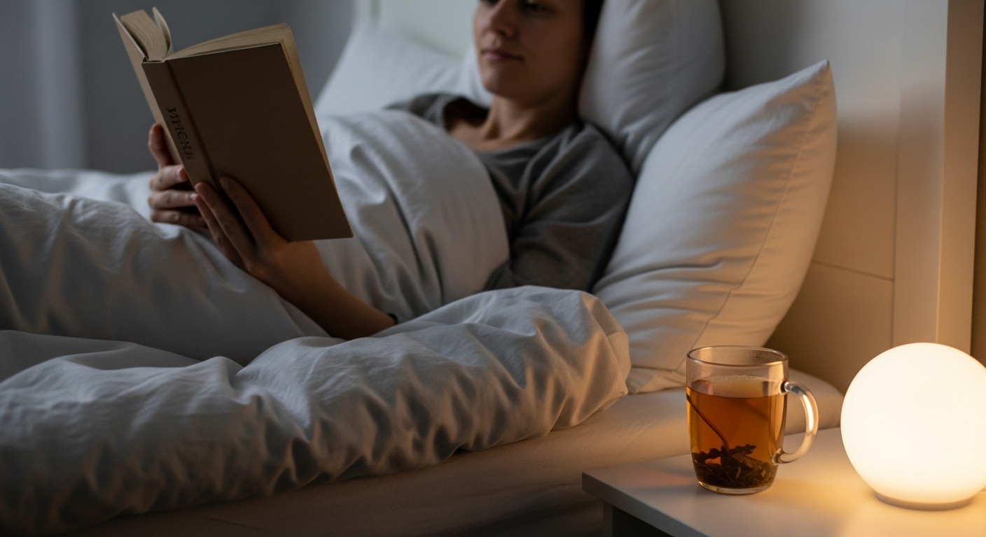 잠들기 전 따뜻한 허브차를 마시며 책을 읽는 평화로운 모습.