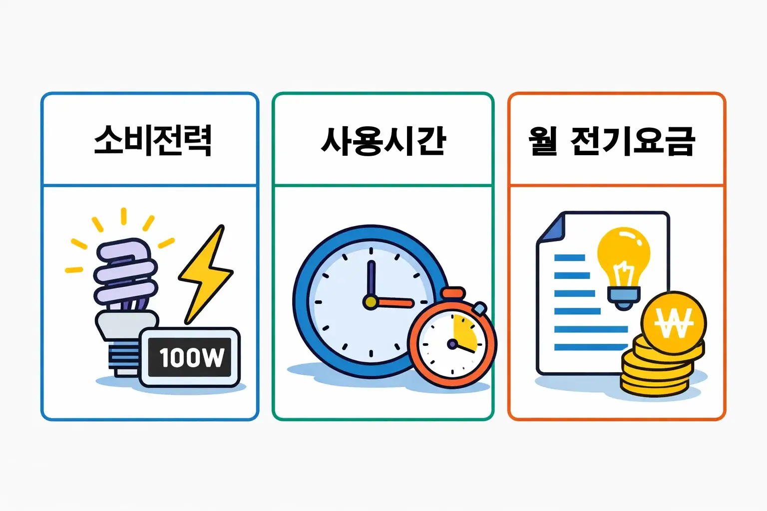 업소용 전기히터 전기요금을 계산할 때 필요한 소비전력 사용시간 월 전기요금 산출 구조를 단계별 아이콘으로 정리해 계산 흐름을 쉽게 이해하도록 구성한 이미지입니다