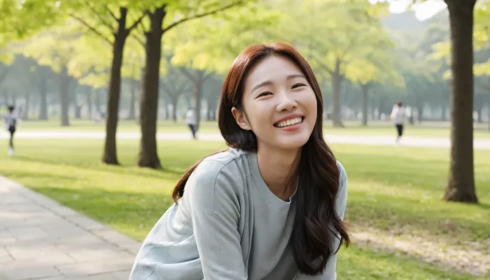 공원에서 미소 지으며 고관절 통증에서 회복된 모습