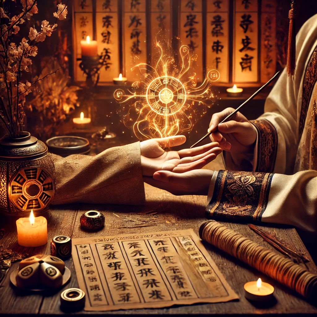 이 사진은 전통적인 점괘와 운세를 보는 장면을 담은 이미지입니다.