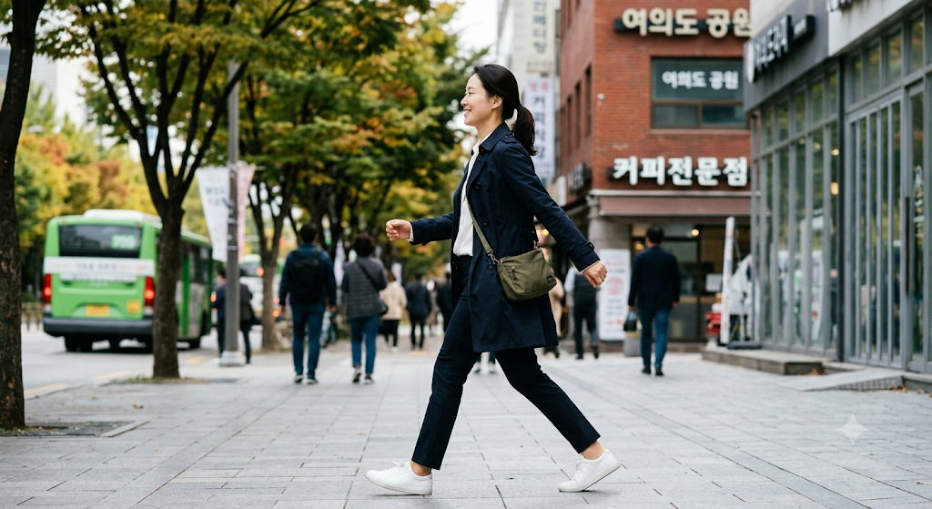 고개를 세우고 팔을 자연스럽게 흔들며 걷는 사람의 옆모습proper-walking-posture