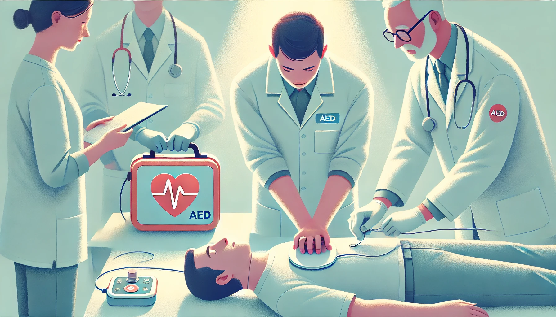 AED 장치를 가져오고 패드를 환자 가슴에 부착하는 구조자들을 밝고 차분한 느낌으로 표현한 일러스트