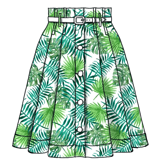 녹색 나뭇잎 그림이 가득 그려진 주름치마가 있다. 폭이 매우 넓은 치마다.