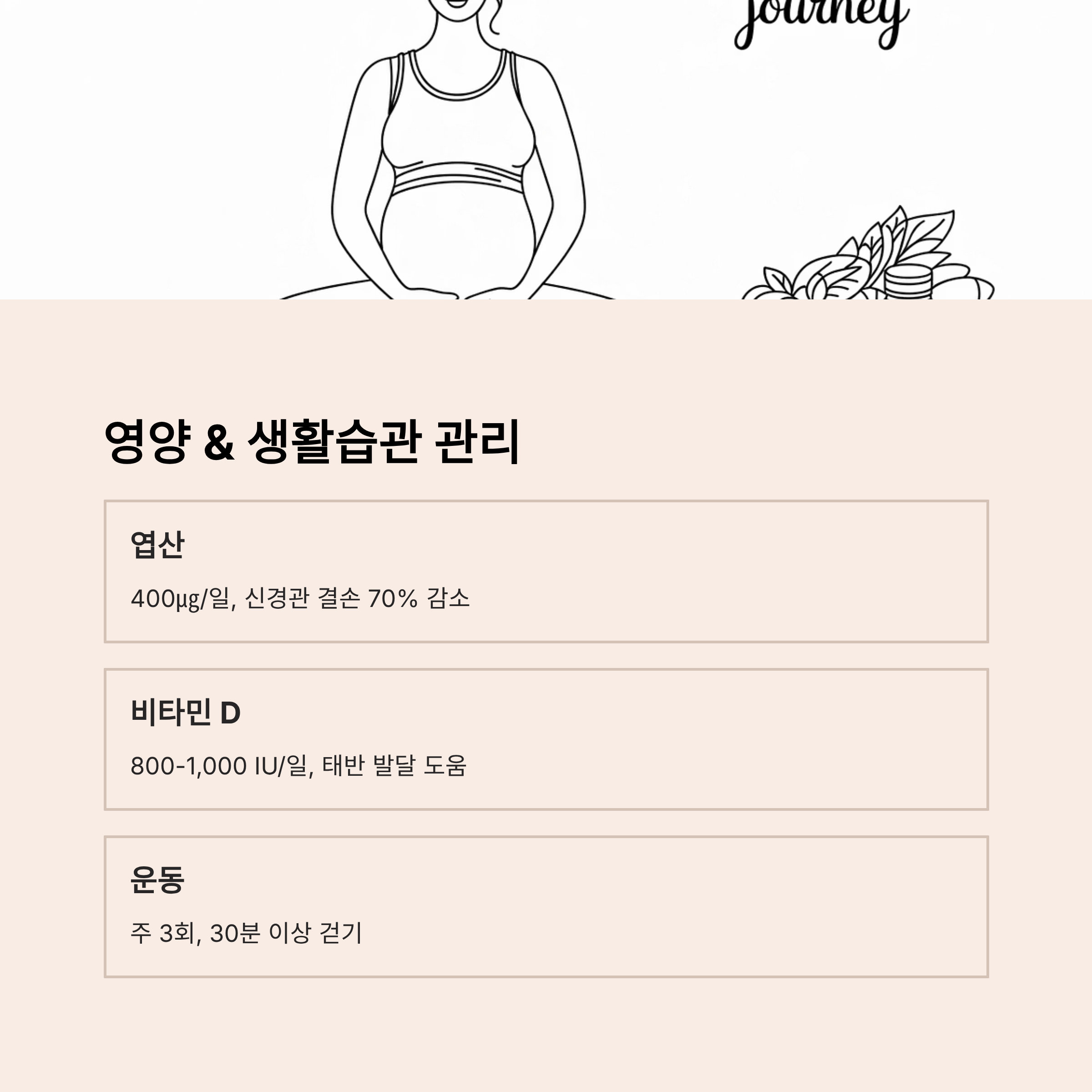 임신 전후 엽산, 비타민D 섭취 및 운동 등 건강한 생활습관 관리법을 안내하는 인포그래픽. 주 3회 30분 걷기, 엽산 섭취로 신경관 결손 70% 감소 등 정보 포함