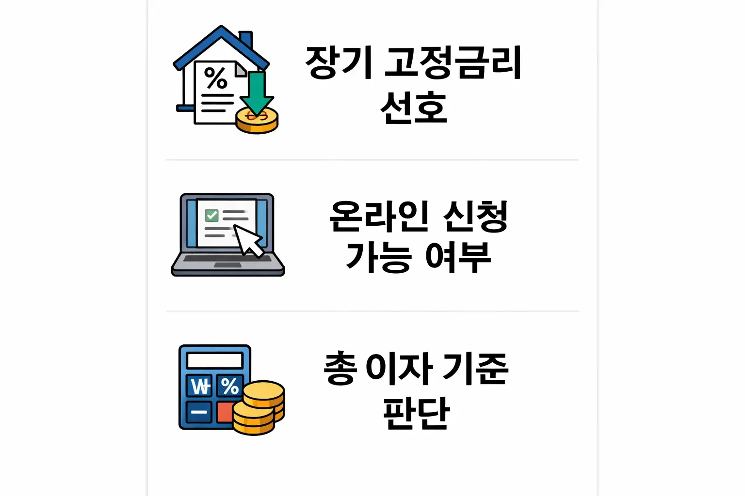 아낌e보금자리론 장기 고정금리 선호 이유와 온라인 신청 가능 여부, 총 이자 기준으로 유리한 선택을 판단하는 핵심 기준을 정리한 이미지