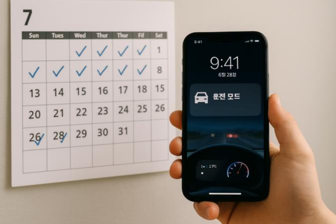 스마트폰에 운전 모드 알림, 달력엔 체크리스트 표시