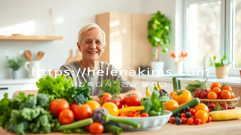 만성질환에 좋은 식재료 싱싱힌 녹색 잎채소, 과일 등을 식탁 위에 놓고 있는 여성 시니어 모습.