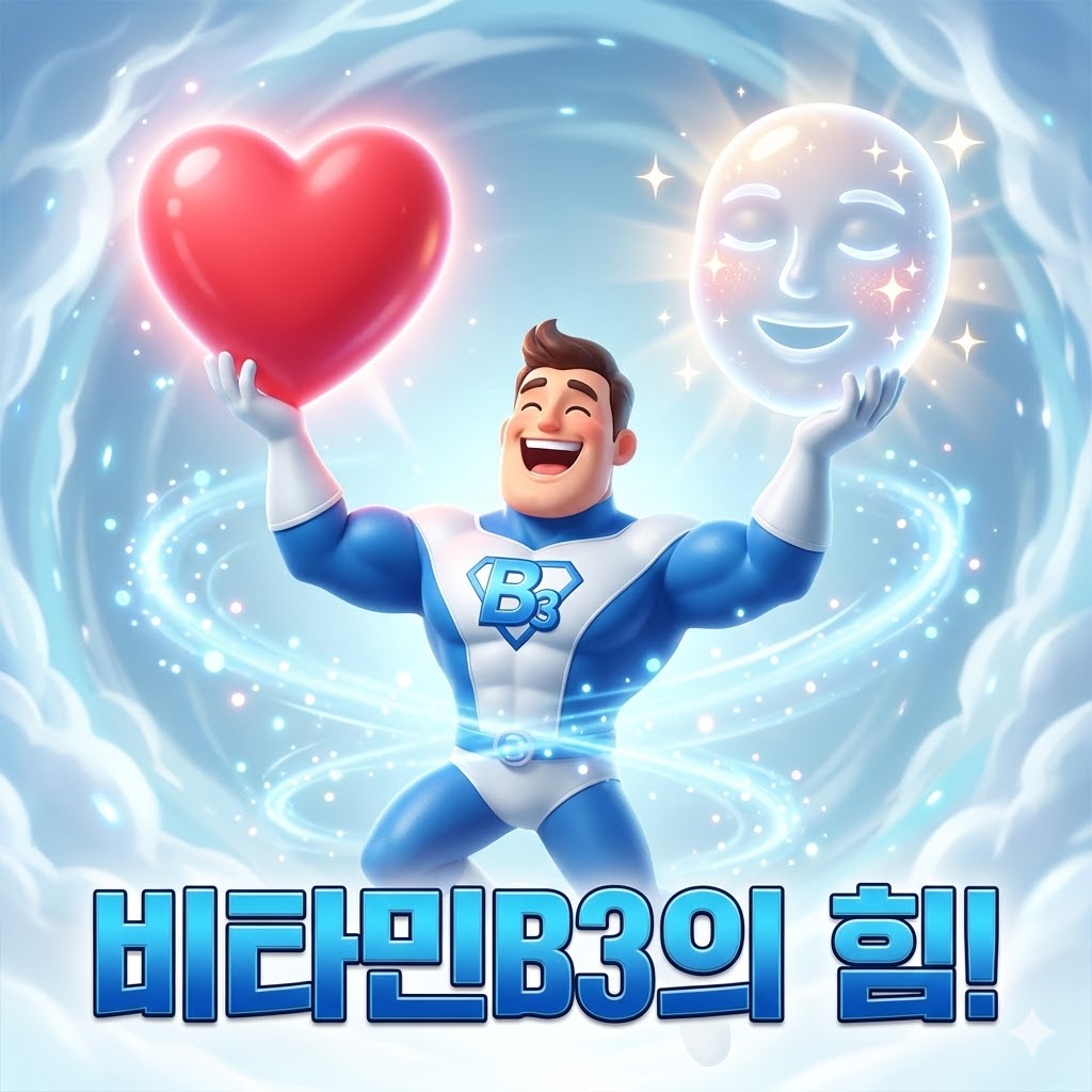 활력 넘치는 에너지를 표현하는 캐릭터가 건강한 심장과 깨끗한 피부 아이콘을 들어 올리고 있는 3D 카툰 일러스트. '비타민B3의 힘!'이라는 문구가 강조되어 있음.