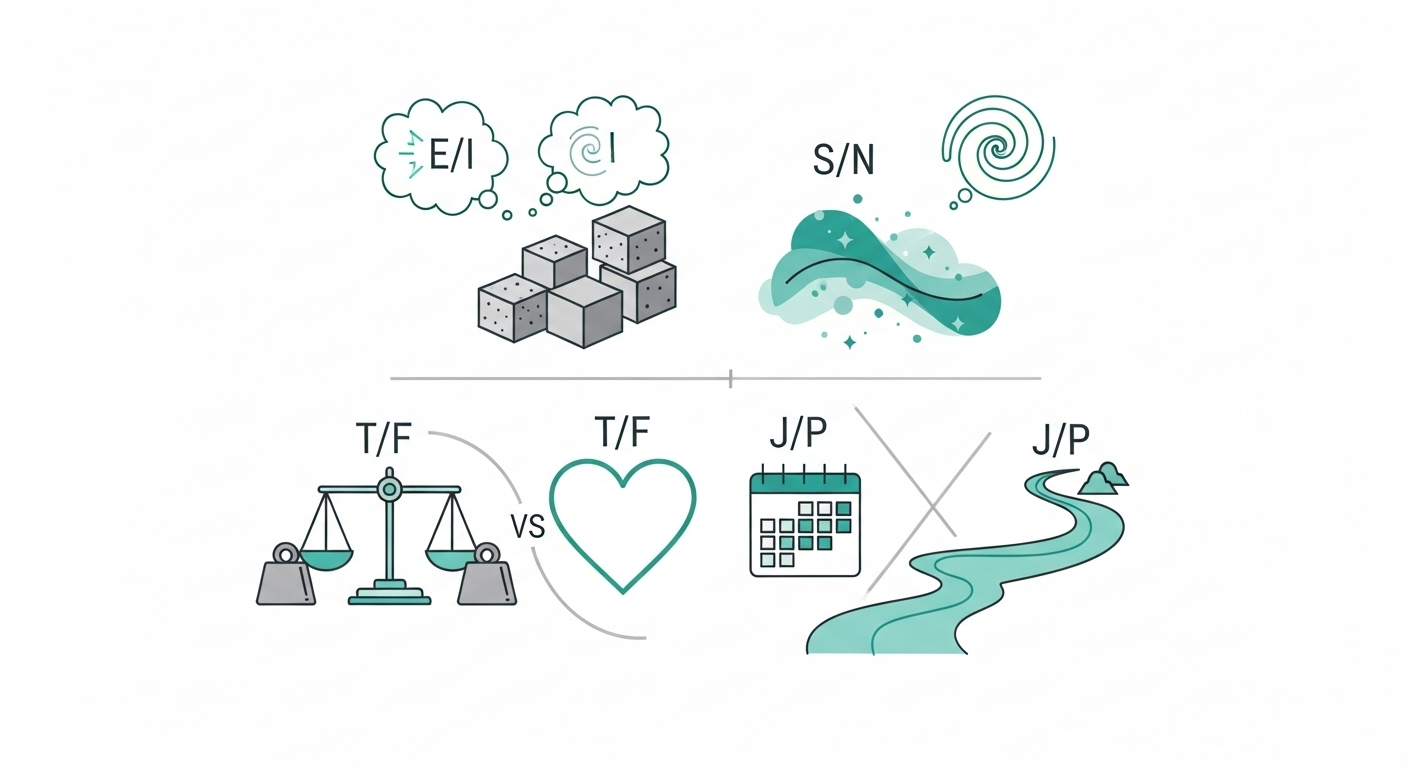 MBTI 네 가지 지표(외향/내향, 감각/직관, 사고/감정, 판단/인식)를 상징하는 아이콘들. 각 지표의 대화 방식 차이를 이해하고 조화를 이루는 모습을 시각적으로 표현.