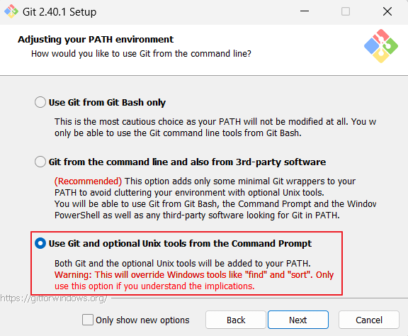 git 설치 옵션에서 PATH 등록 선택 이미지
