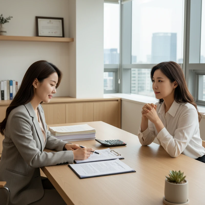 2025년 이혼 변호사 비용 상담을 받는 의뢰인과 변호사. 착수금, 성공보수 등 이혼 소송 비용에 대해 명확하게 설명하는 모습.