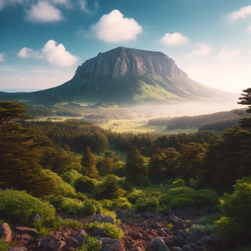 제주도의 한라산 전경, 푸른 하늘과 울창한 숲이 어우러진 자연의 모습