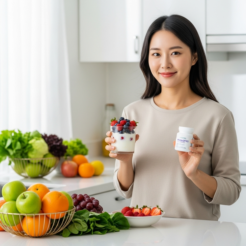 웃는 한국인 여성이 요거트와 프로바이오틱스 제품을 들고 있는 모습으로, 건강한 장과 활기찬 일상을 상징합니다.