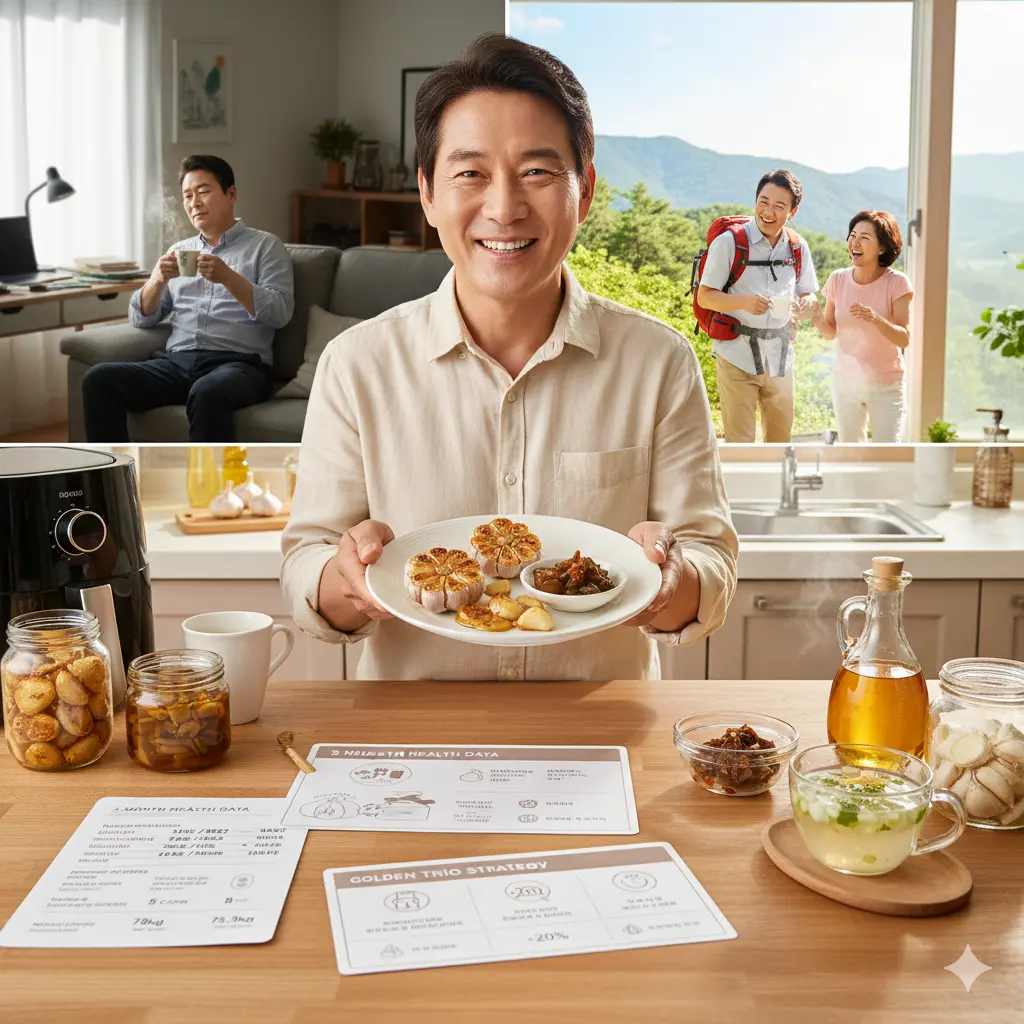 마늘을 활용한 음식을 섭취하고 건강해지는 중년의 모습