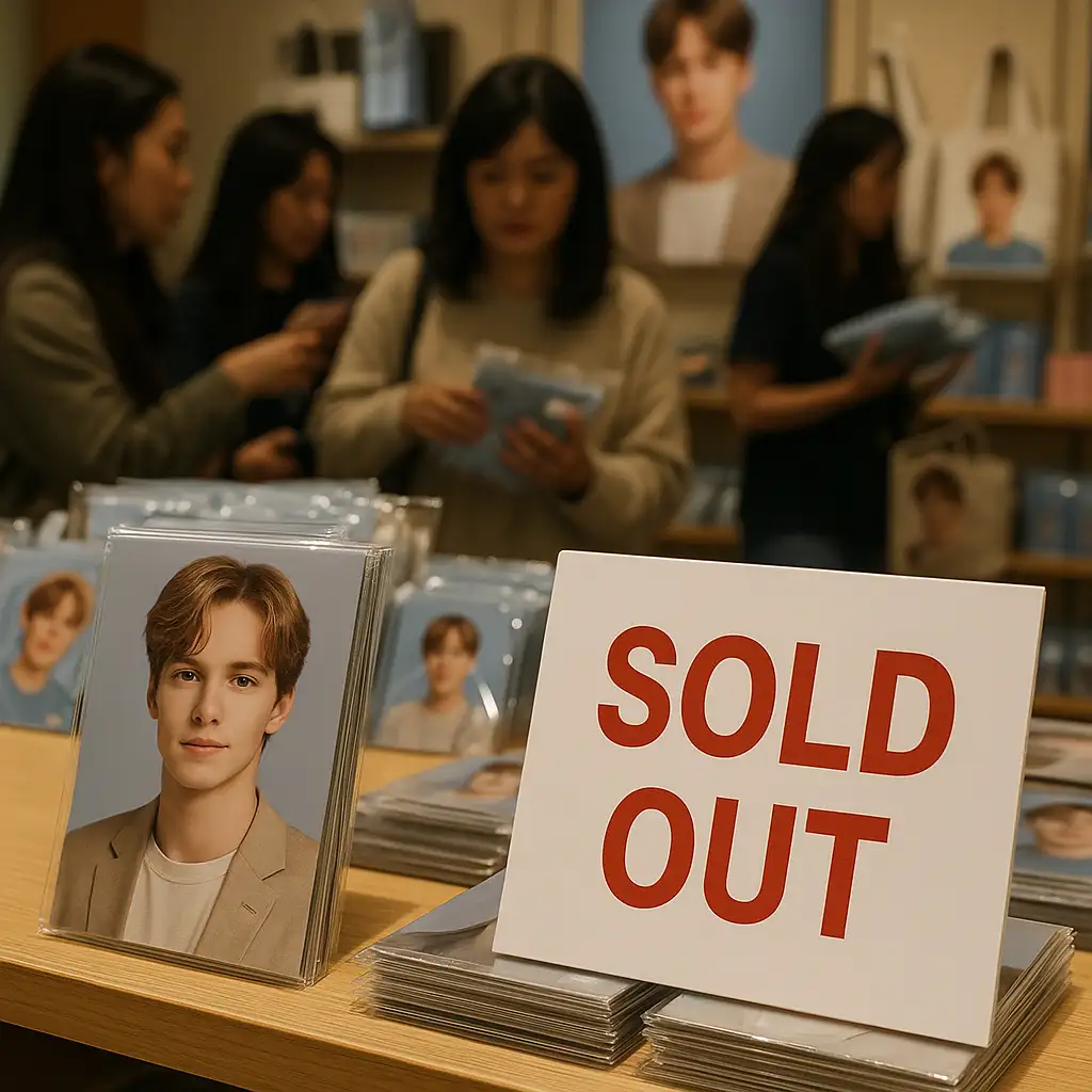 유명-연예인의-굿즈를-구매하려는-팬들이-매장에-몰려들어-제품이-빠르게-품절되는-현상을-현실적으로-표현한-이미지