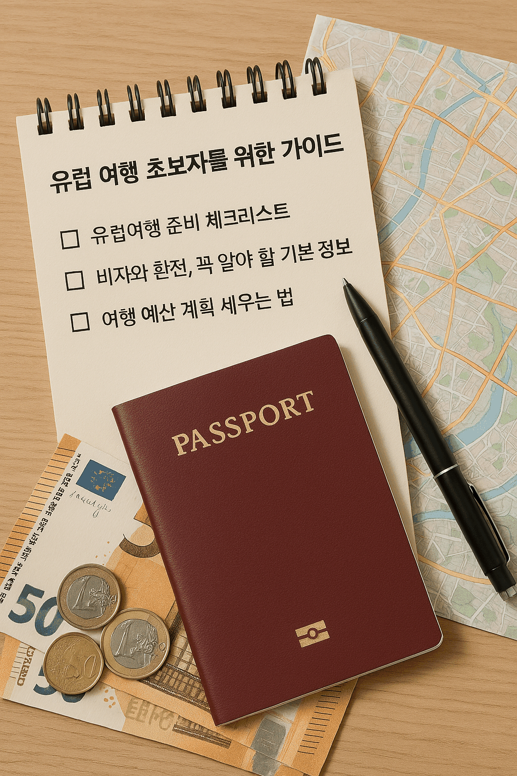 유럽 여행 준비 체크리스트와 여권, 유로 지폐, 도시 지도 등이 깔끔하게 정리된 실사 이미지