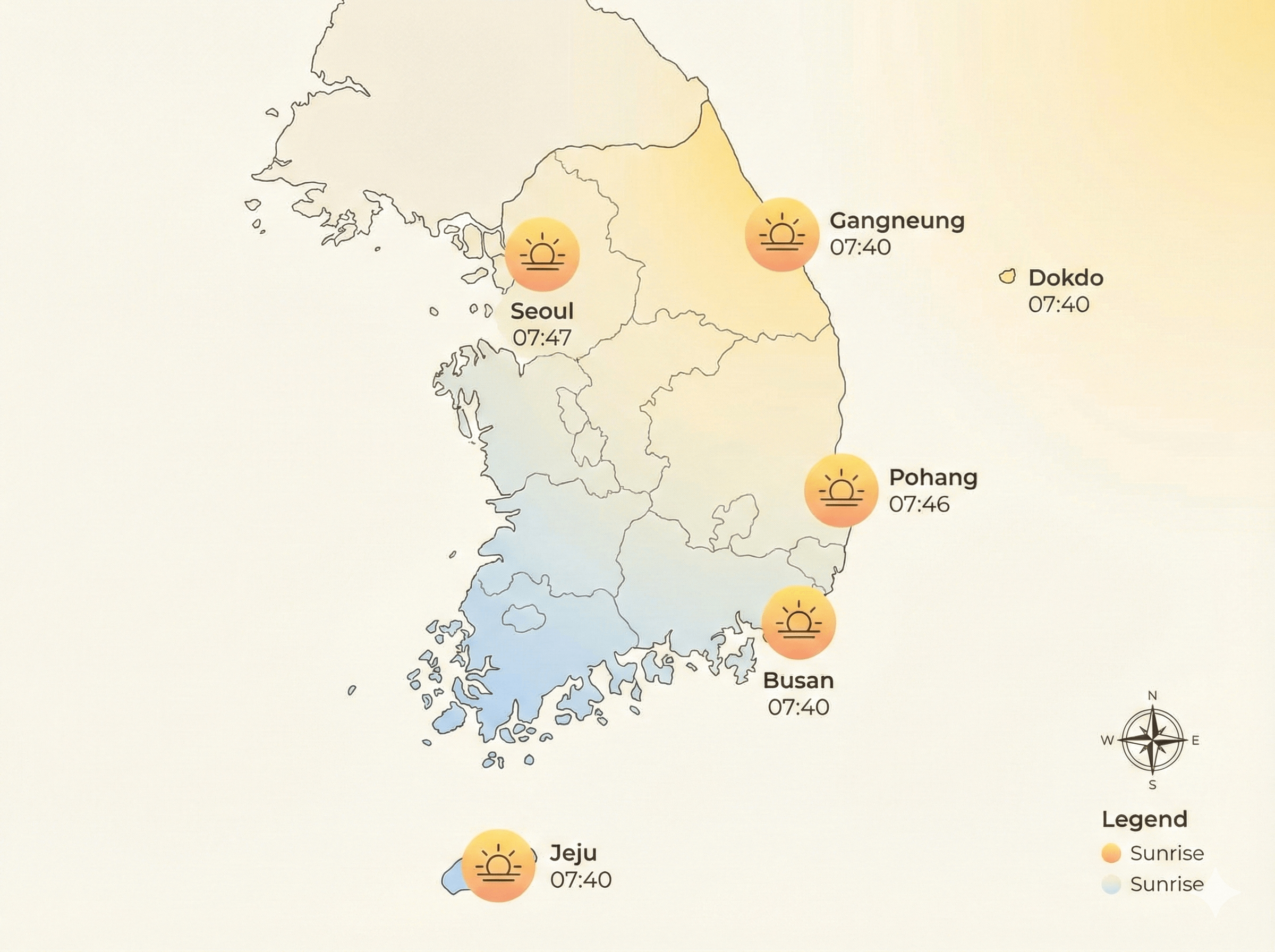 026년 1월 1일 대한민국 지도 위에 표시된 주요 도시별 해돋이 시간 (서울 07:47, 강릉 07:39, 독도 07:26)