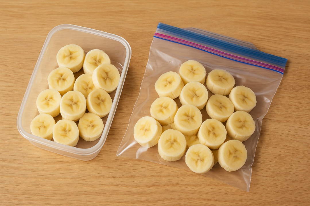 나무 테이블 위에 투명 용기와 지퍼백에 담긴 조각낸 바나나 조각들
