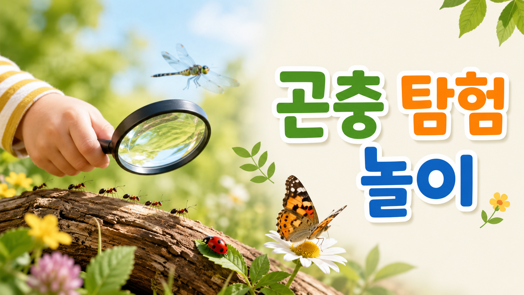 돋보기를 활용해 개미와 나비 등 다양한 곤충을 관찰하는 자연 탐색 활동을 표현한 교육용 이미지