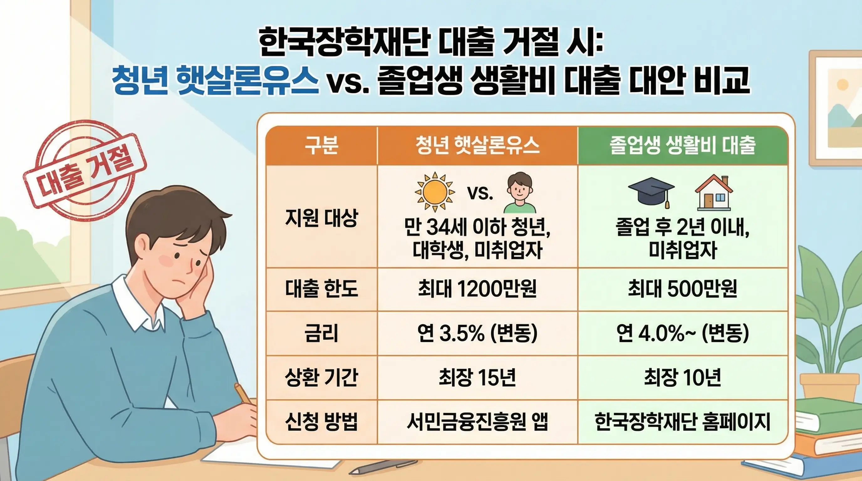 한국장학재단 대출 거절 시 이용 가능한 청년 햇살론유스와 졸업생 생활비 대출 대안 비교 표