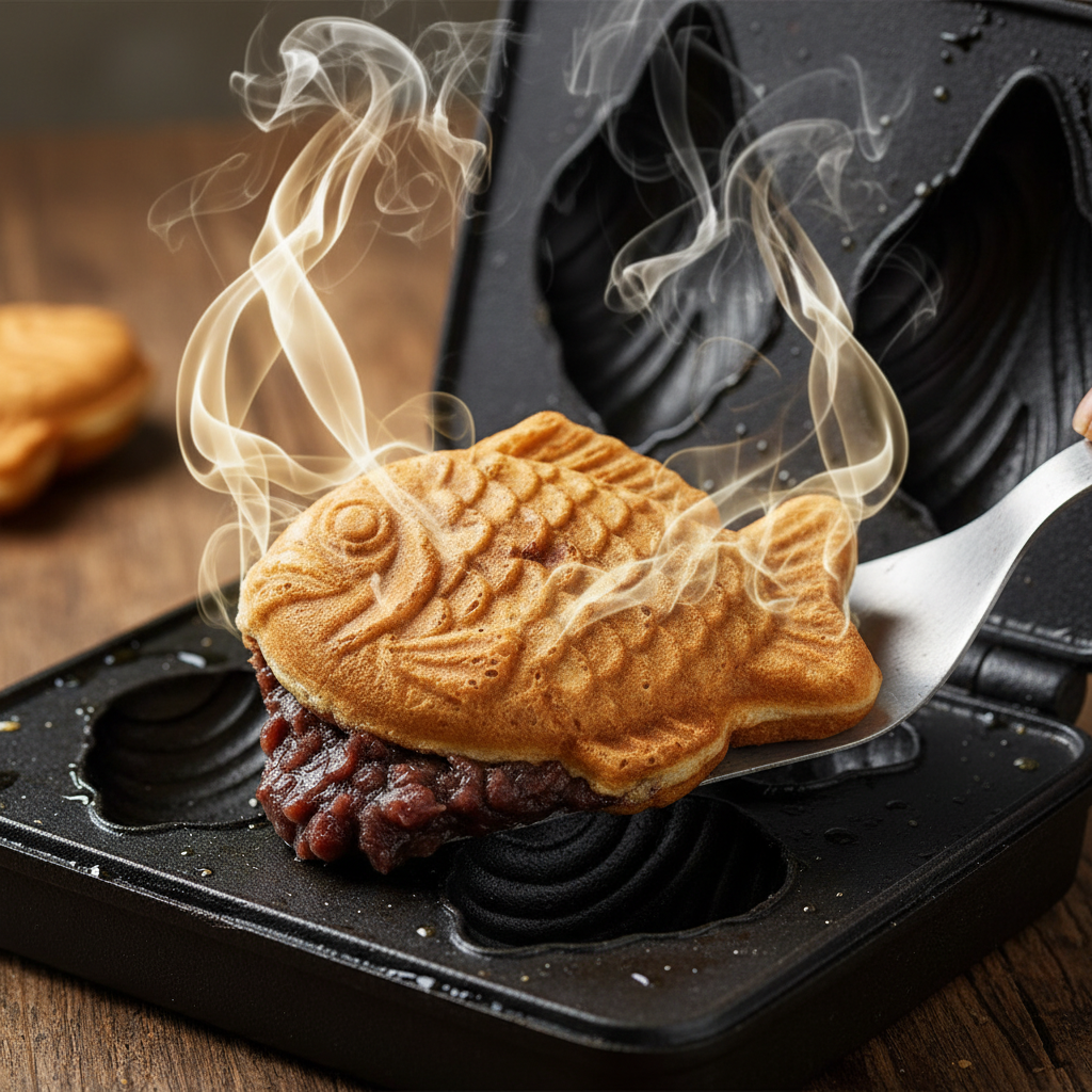 무쇠 틀 안에서 팥소가 가득 찬 노릇한 붕어빵을 뒤집는 상세 컷