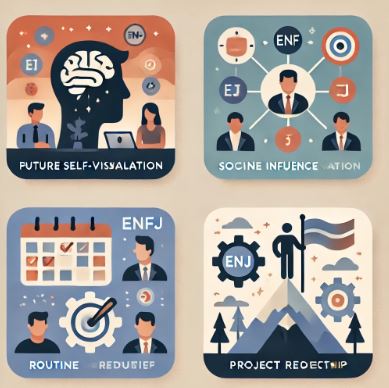 ENFJ와 ENTJ 성향에 맞춘 자기 계발 전략을 상징하는 4가지 아이콘 세트