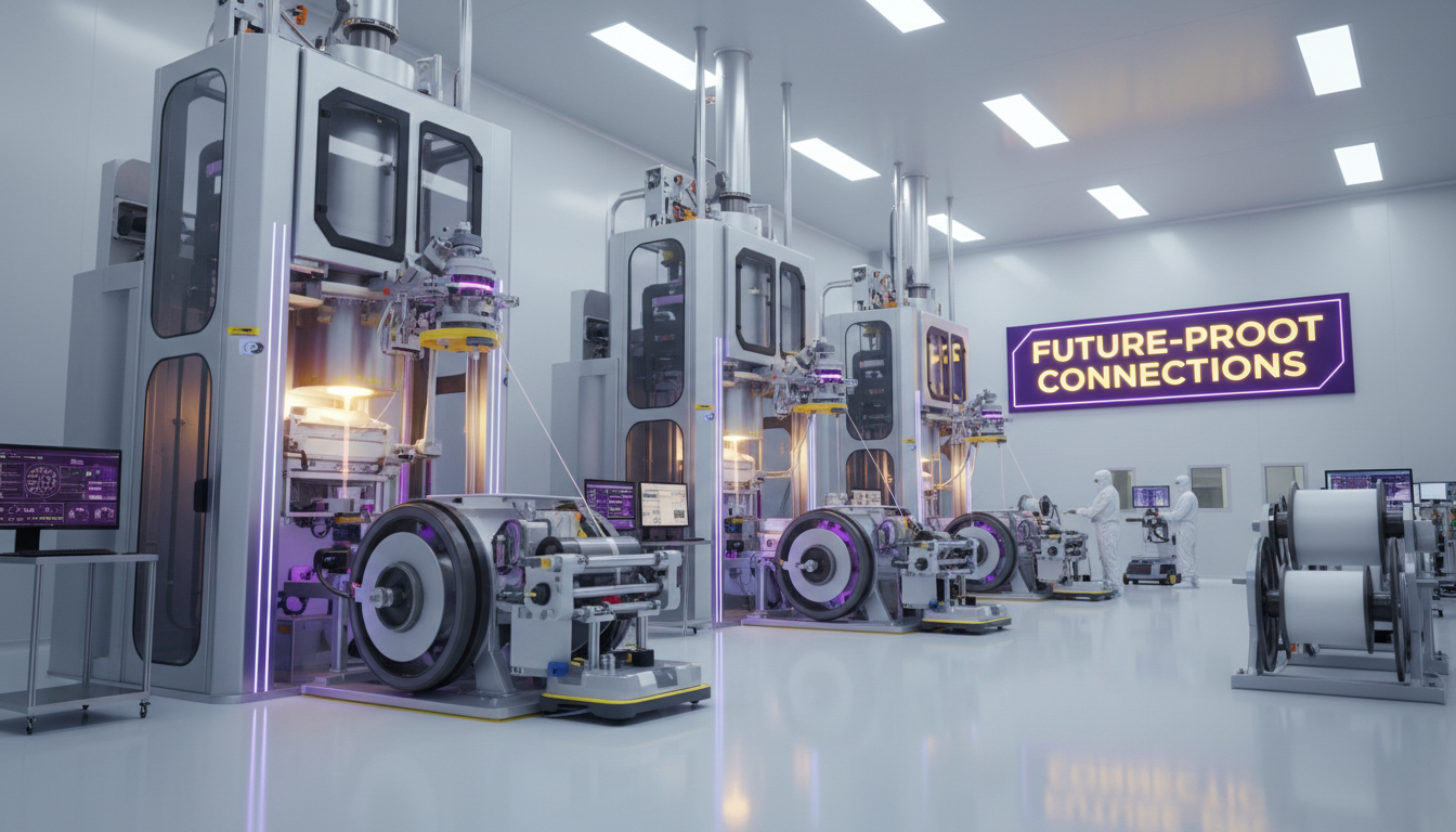 대한광통신의 첨단 광섬유 생산 시설 내부 모습. 프리폼에서 광섬유를 정밀하게 뽑아내는 과정을 통해 기술력을 강조.