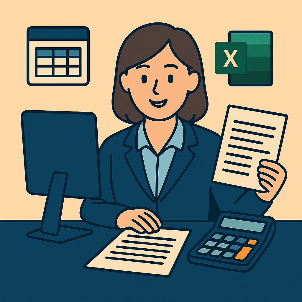 평면 벡터 스타일 일러스트: 정장 차림의 여성이 책상 앞에 앉아 한 손으로는 회계 서류를 들고, 다른 손으로는 계산기 키를 누르며 작업하는 모습. 배경에는 스프레드시트 아이콘과 Excel 로고가 배치되어 있습니다.