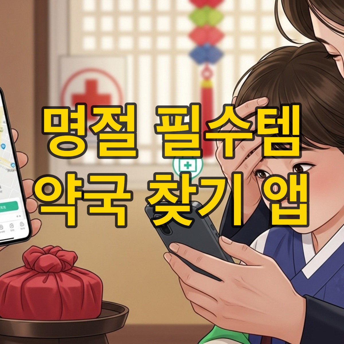 명절 연휴, 스마트폰 앱으로 문 연 약국을 찾고 안도하는 가족의 모습.