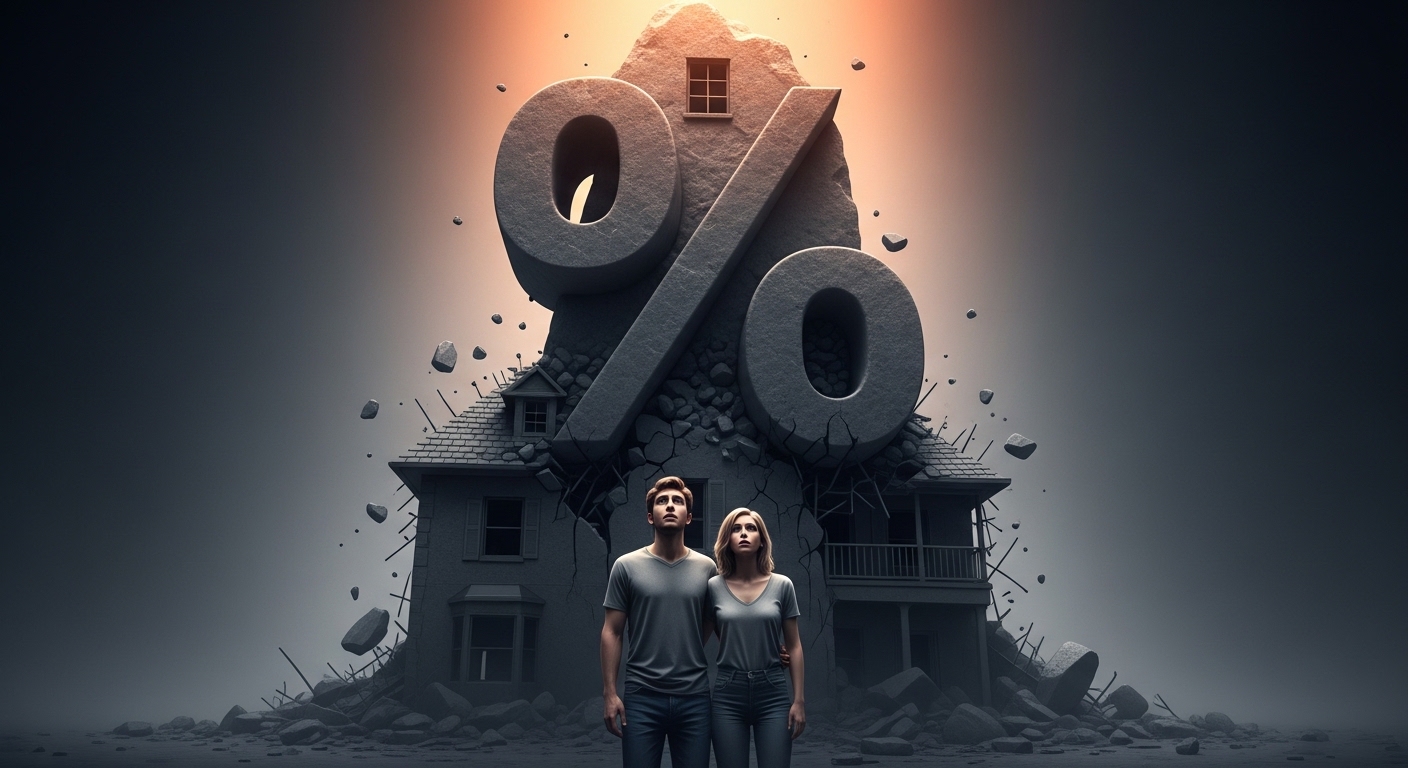 집앞에 커플이 서있고 집이 무너지는 듯하고 % 가 나타나있다