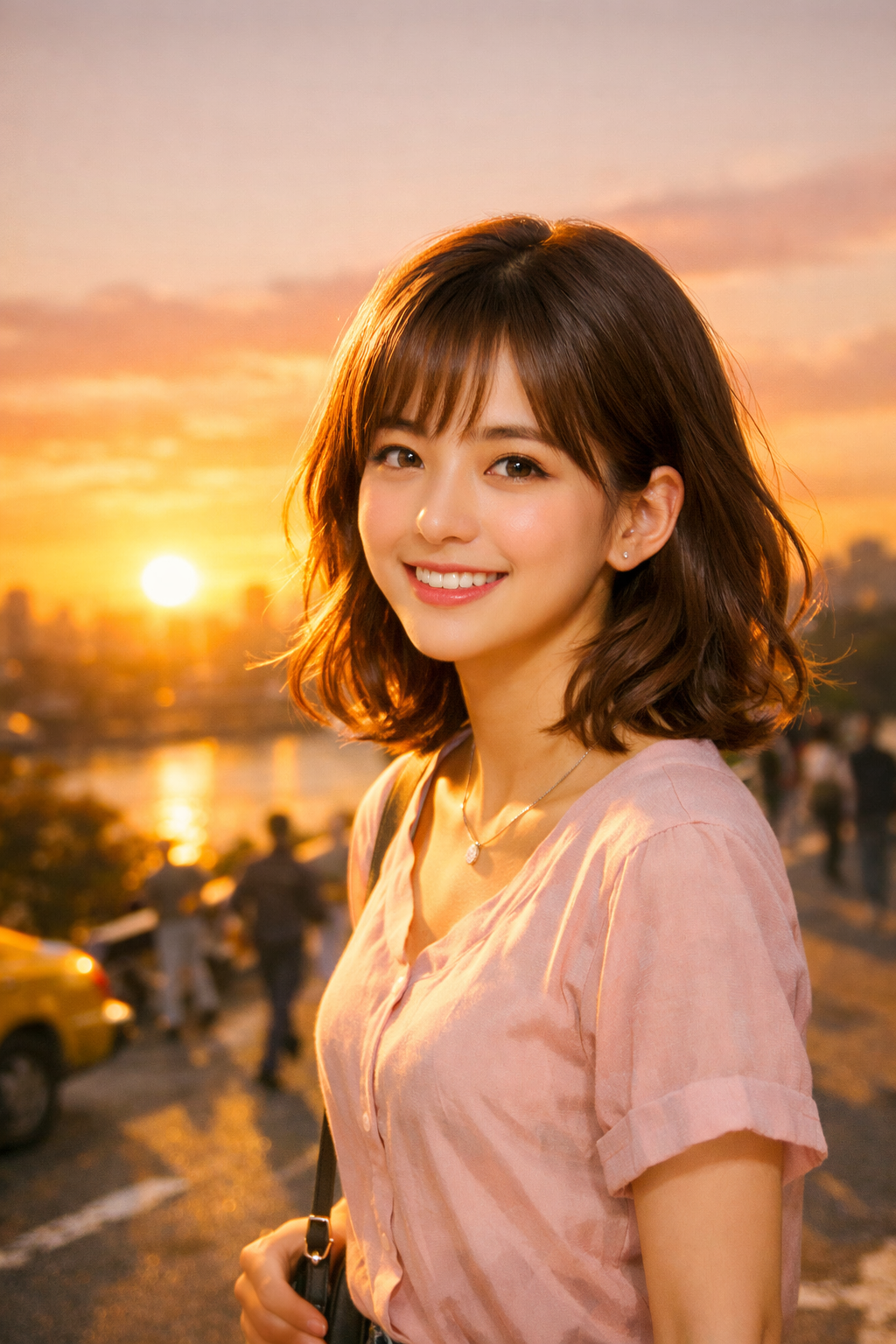 Portrait of a 22-year-old woman under golden hour sunlight with studio-style lighting, smiling warmly in front of a sunset background