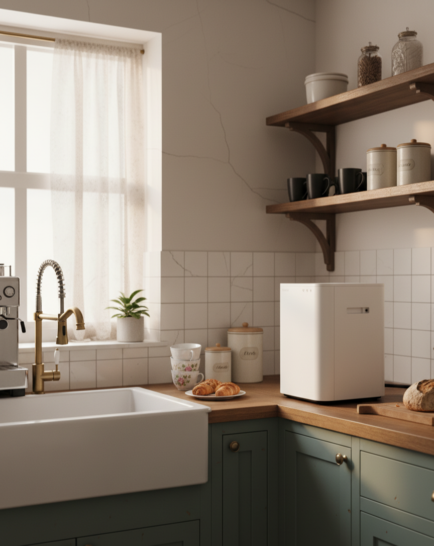 빈티지 감성의 주방에 음식물 처리기가 조리대 위에 놓인 모습 