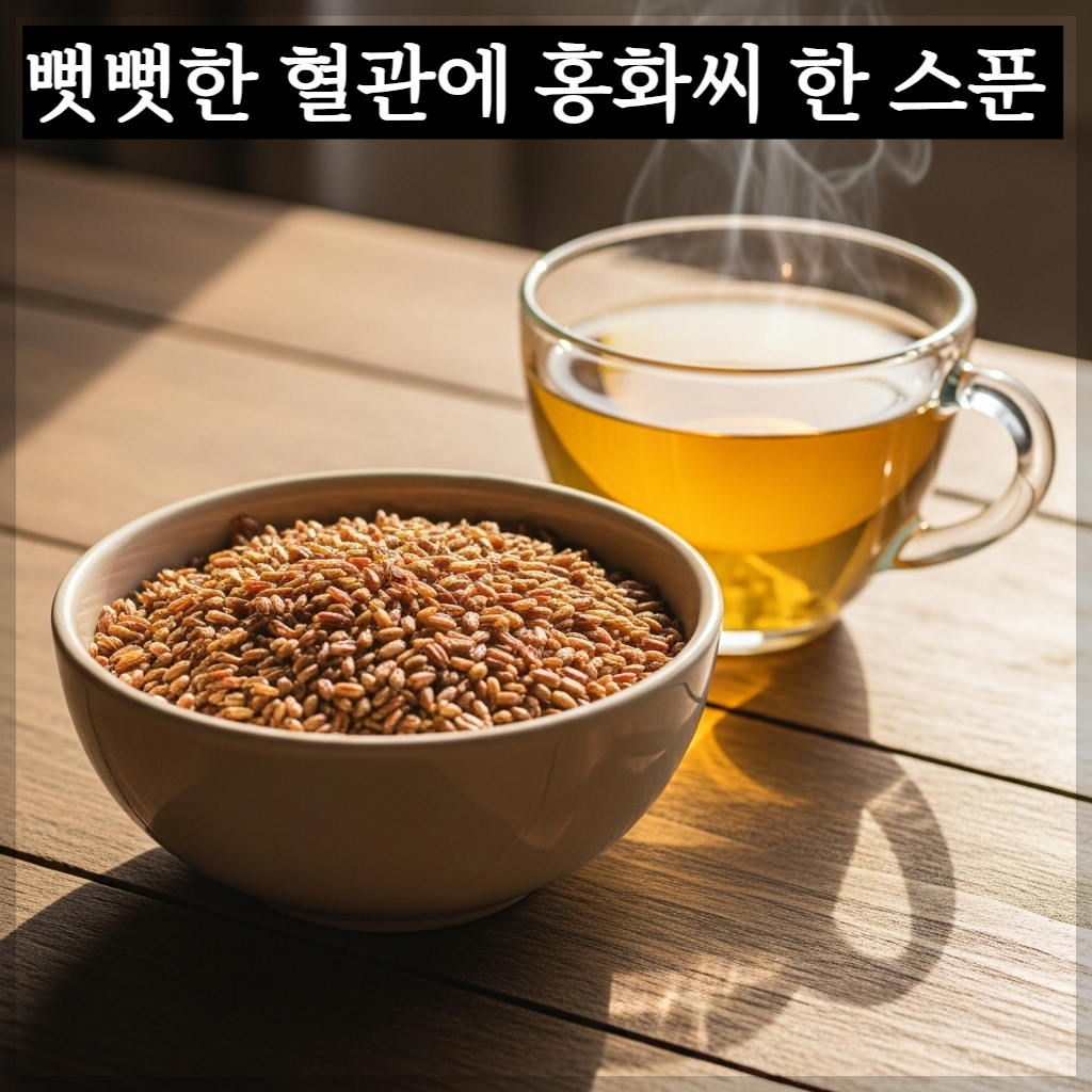 따스한 오후 햇살이 비치는 나무 테이블 위에 정갈하게 담긴 볶은 홍화씨 씨앗들과 김이 모락모락 피어오르는 맑은 홍화씨 차가 담긴 유리잔이 놓여 있는 치유 분위기의 실사 이미지