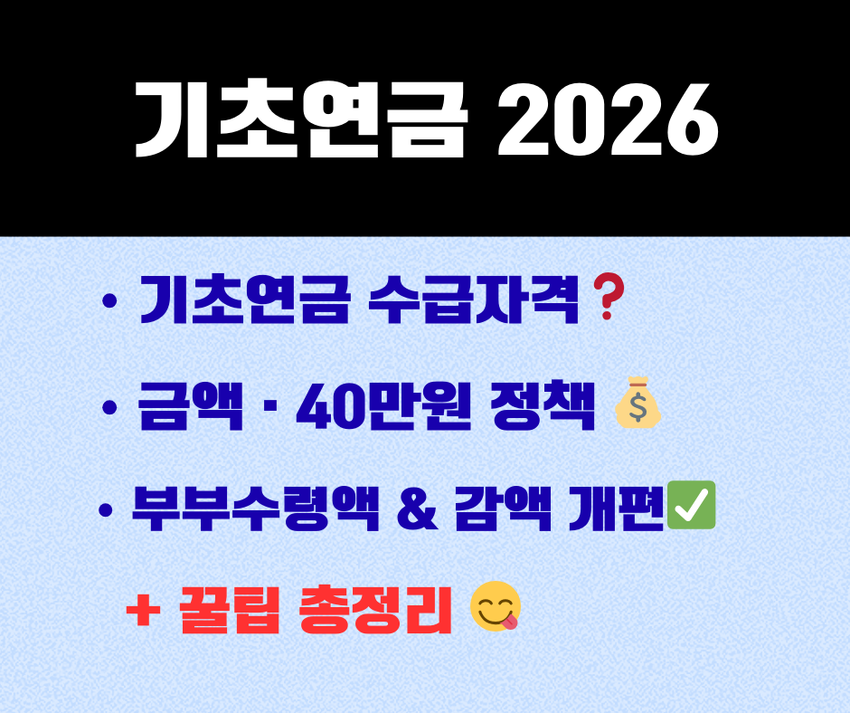 2026년 기초연금 수급자격, 신처방법, 기초연금 금액, 40만원 정책과 부부수령액 및 감액제도 개편까지 한눈에 총정리한 꿀팁 강조 썸네일.