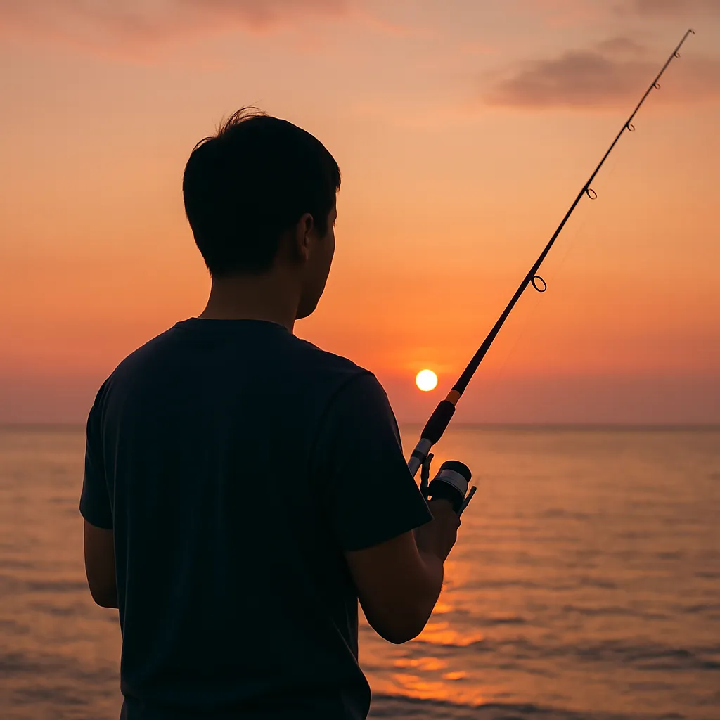 일몰 바다를 향해 낚싯대를 들고 선 남성 뒷모습